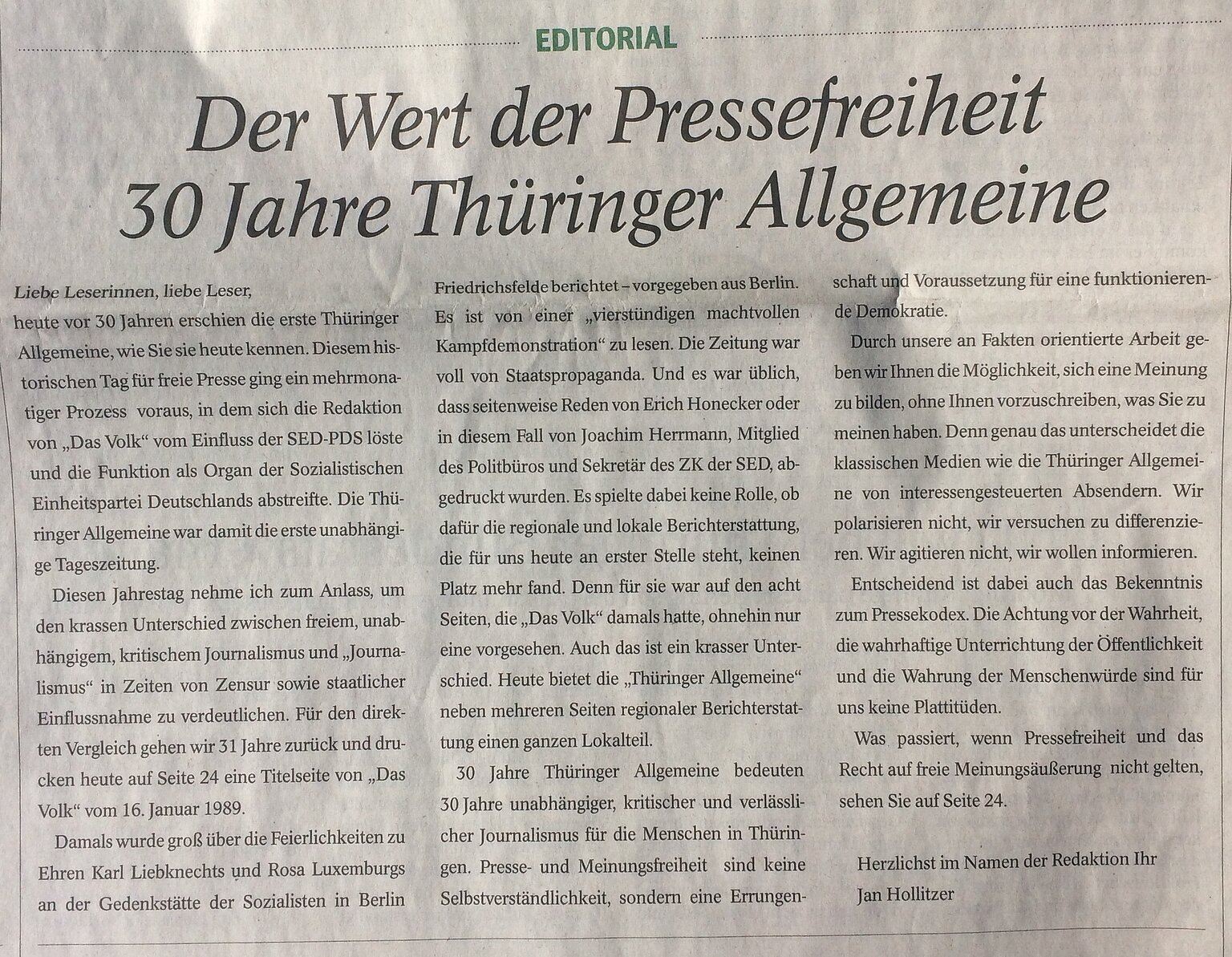  – Editorial der "Thüringer Allgemeine" vom 16. Januar 2020